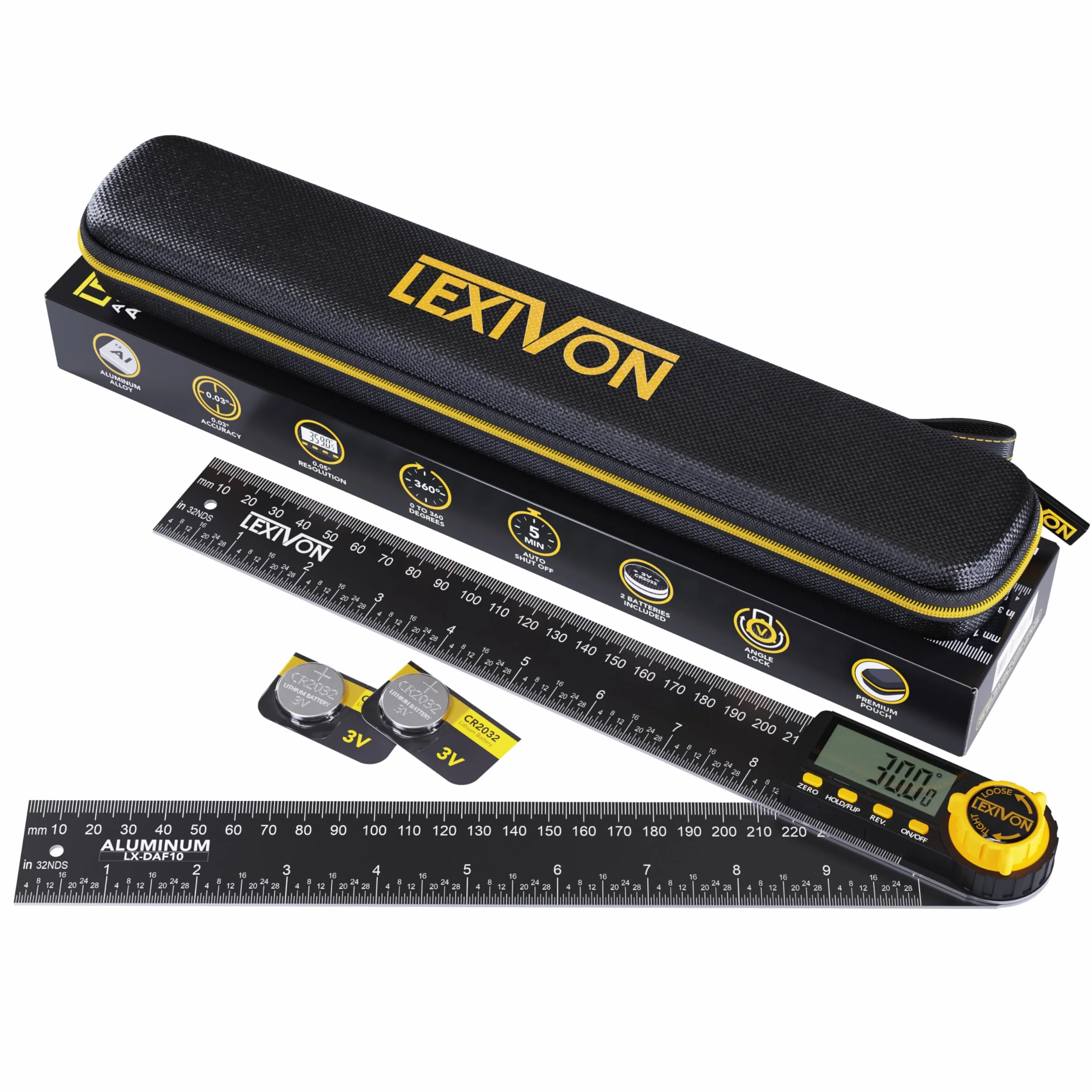 LEXIVON Rapporteur d'angle Numerique, Fausse Equerre Numerique en Aluminium, Jauge d'angle Multifonction de 250 mm, avec Grand Écran et Pochette Zippée Robuste (LX-DAF10)