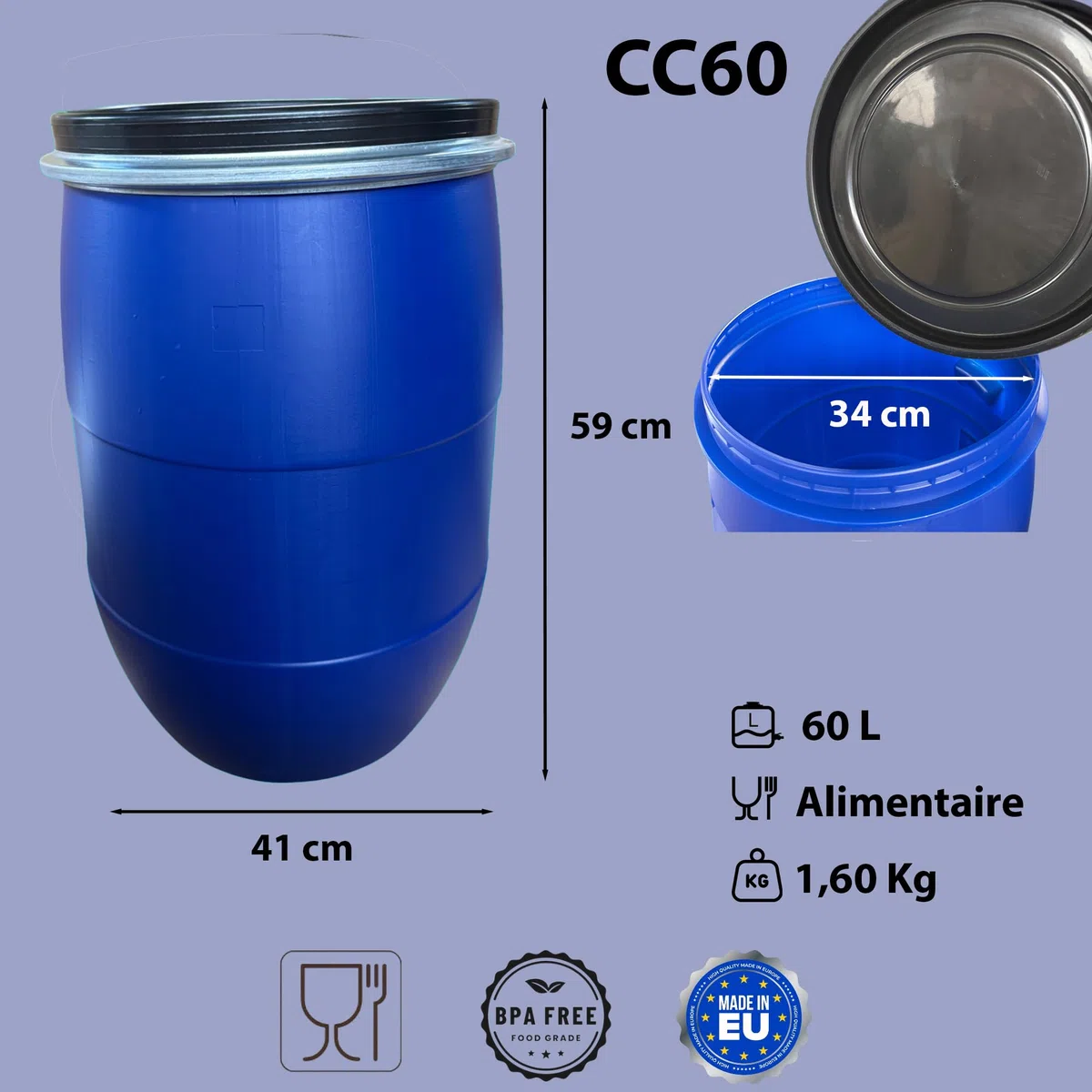 FUT Plastique 60 litres avec Couvercle Amovible – Bidon Bleu à Ouverture Totale pour Stockage de Liquides et Solides – Résistant, Pratique et Polyvalent