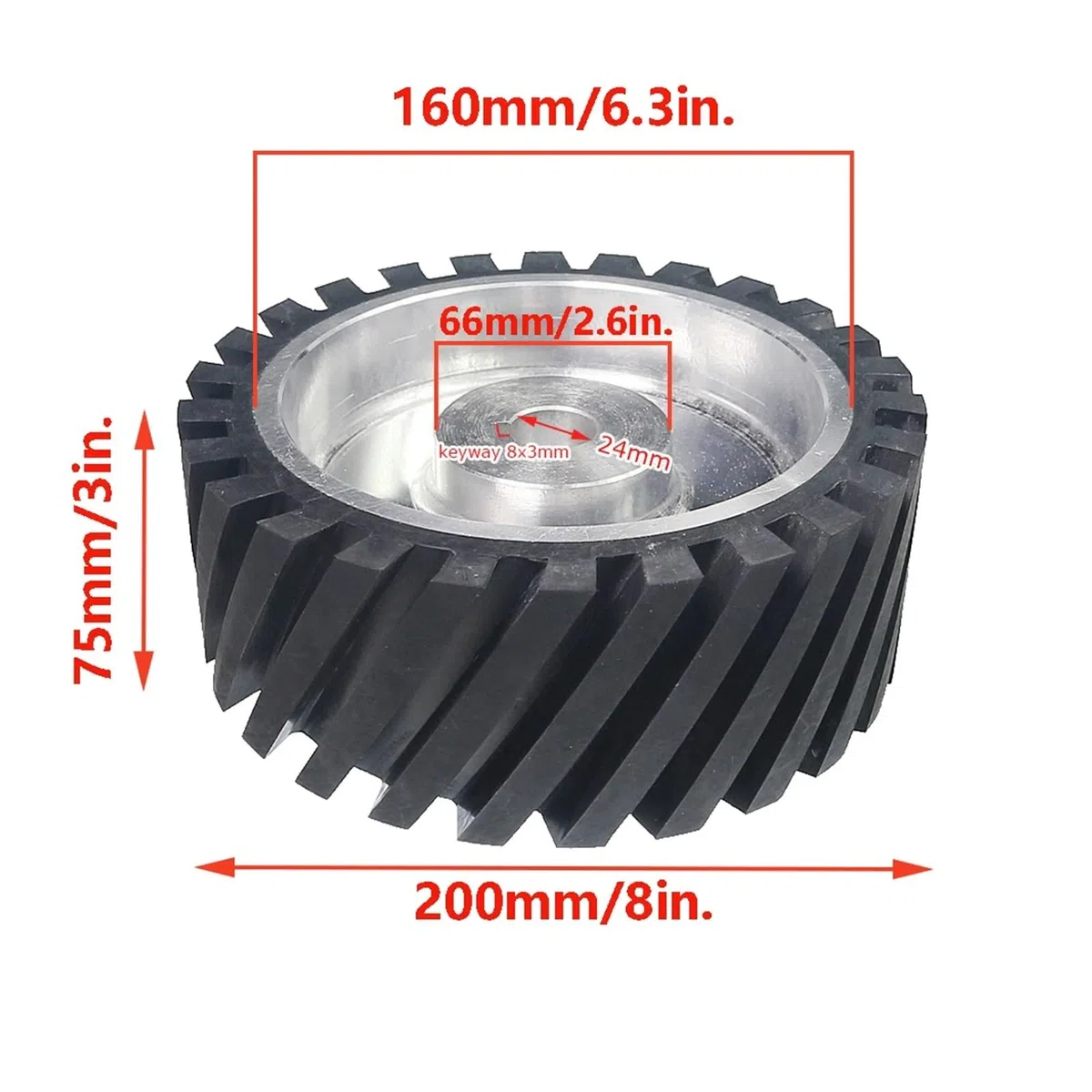 Roue de contact en caoutchouc dentelée 200 x 75 mm, équilibrée dynamiquement, for ponceuse à bande(6004 installed 20,Medium 70A)