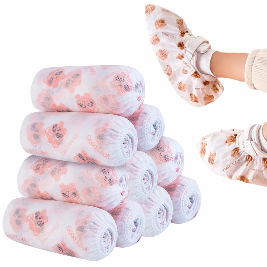 NHQZ Lot de 100 Surchaussures Jetables avec motifs cartoon, Couvre Chaussure Impermeable, Chaussures jetables en Tissu non tissé pour Le Nettoyage de moquette, Protection de Sol