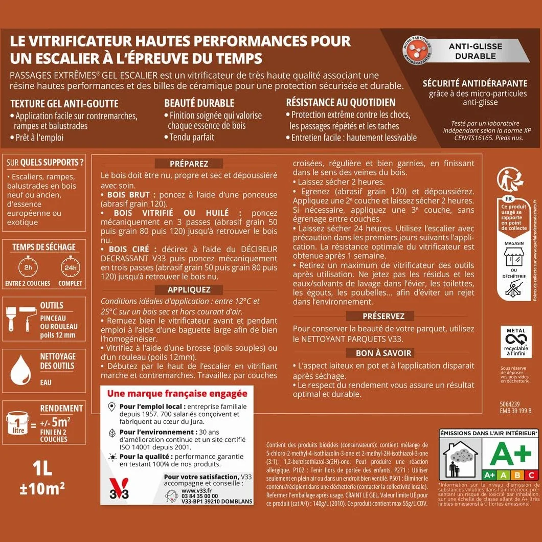 V33 Vitrificateur parquets passages extrêmes Gel escaliers, Incolore Mat, 0,75L