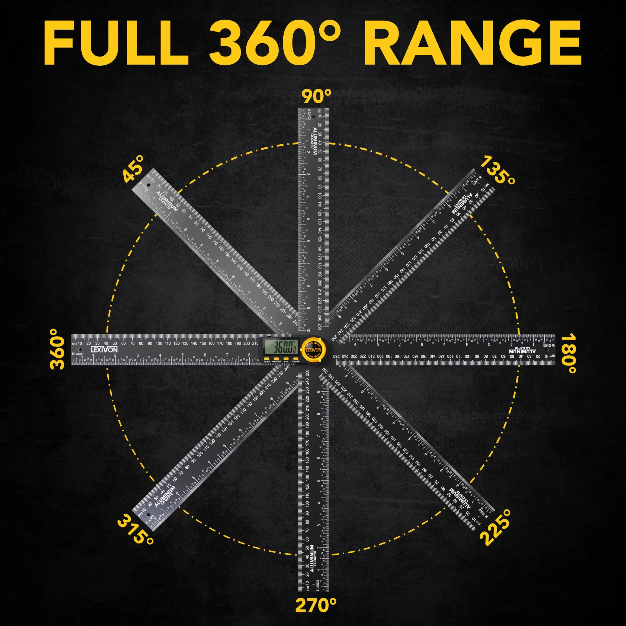 LEXIVON Rapporteur d'angle Numerique, Fausse Equerre Numerique en Aluminium, Jauge d'angle Multifonction de 250 mm, avec Grand Écran et Pochette Zippée Robuste (LX-DAF10)