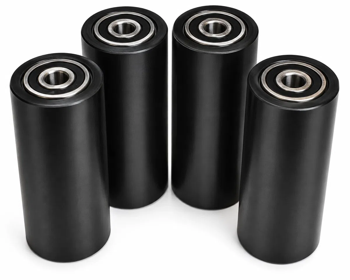 Lot de 4 rouleaux en nylon polyamide, 40 mm de diamètre, 100 mm de largeur, roulements de 10 mm, usiné avec précision dans l'UE (40-100-10, noir)
