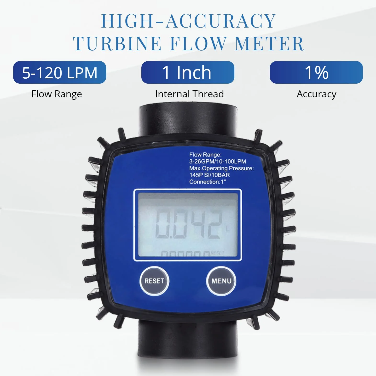 Débitmètre numérique, 5-120 L/Min, débitmètre à turbine de 1 pouce avec affichage LCD, débitmètre de carburant avec une précision de 1% pour les liquides chimiques