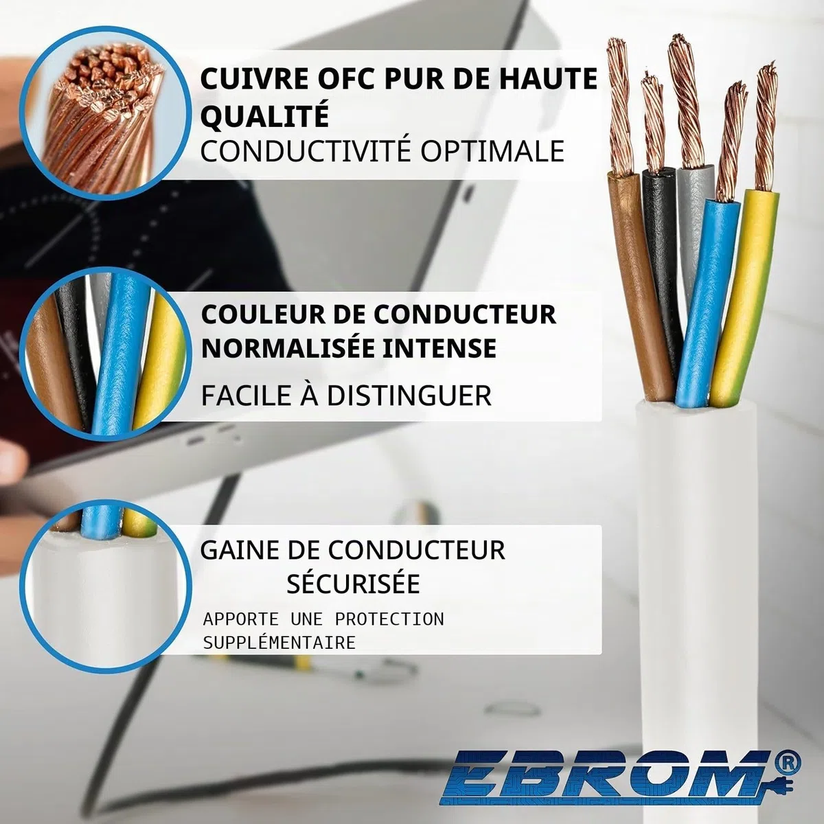 Câble H05VV-F 5G1,5 mm² - 5 x 1,5 mm² - Blanc - 10 m, 25 m, 50 m ou 100 m