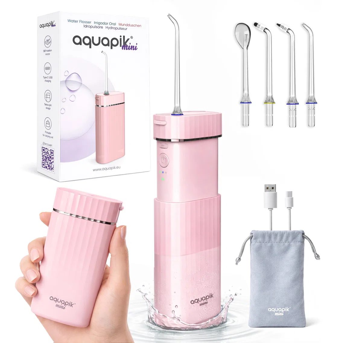 Aquapik® Mini Hydropulseur Dentaire Portable 200 ml, réservoir télescopique, rechargeable USB-C, 3 modes de pression, étanche IPX8, idéal pour les voyages et le bureau, nettoyage dentaire profond.
