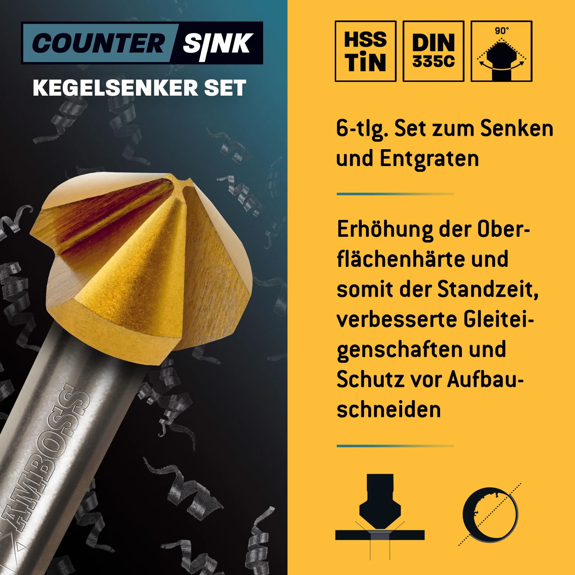 Ensemble de fraises coniques 6 pièces 6,3–20,5 mm HSS TiN/DIN 335C / Amboss Werkzeuge Fraise conique pour fer, acier, métal, métal non ferreux, bois, plastique/Fraise conique professionnelle pour