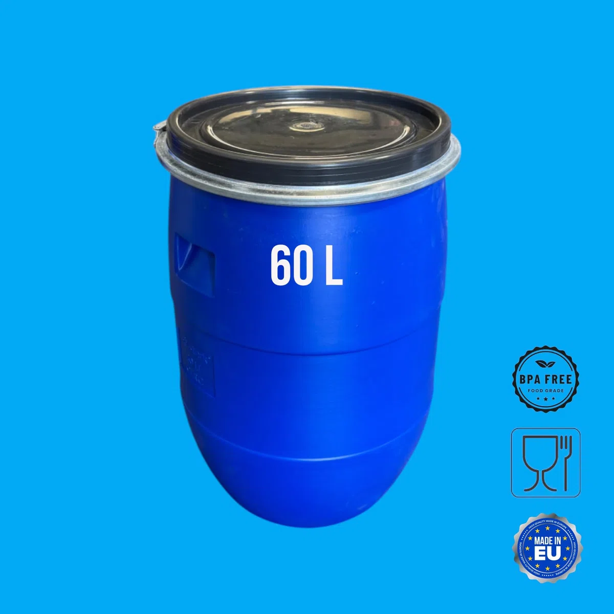 FUT Plastique 60 litres avec Couvercle Amovible – Bidon Bleu à Ouverture Totale pour Stockage de Liquides et Solides – Résistant, Pratique et Polyvalent