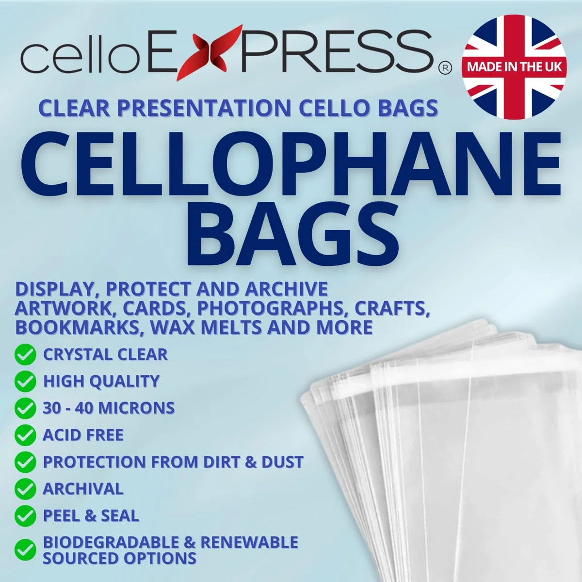 celloexpress Lot de 250 pochettes biodégradables pour cartes de vœux en cellophane C6 - 120 mm x 162 mm + rabat autocollant de 30 mm - 30 microns