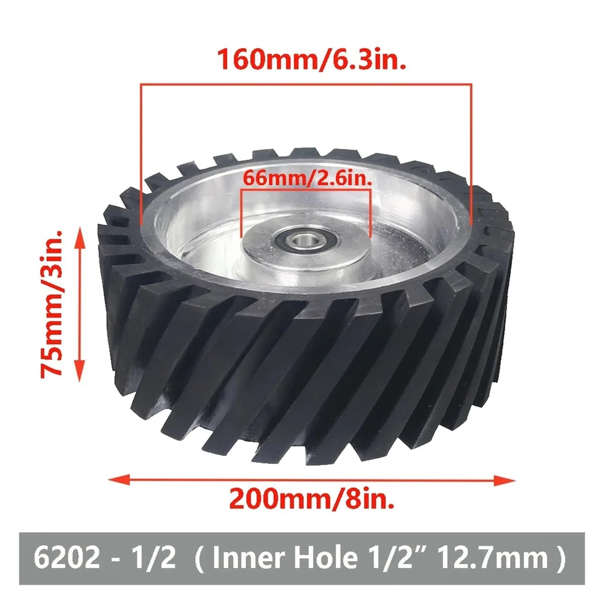 Roue de contact en caoutchouc dentelée 200 x 75 mm, équilibrée dynamiquement, for ponceuse à bande(6004 installed 20,Medium 70A)