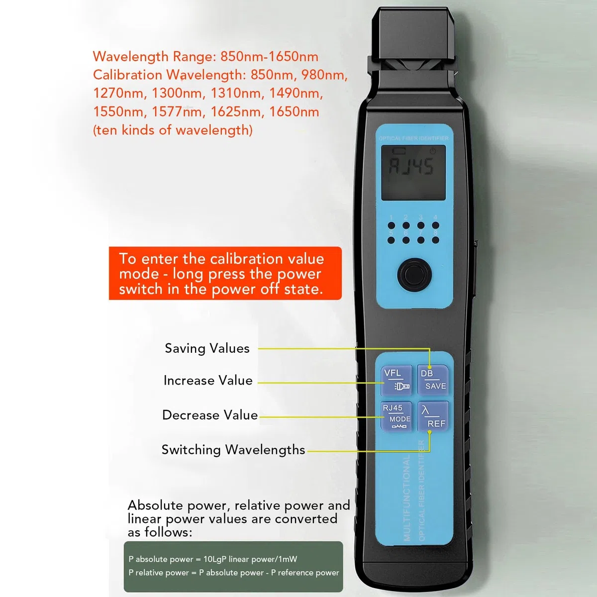 Testeur de Câble à Fibre Optique Portable, -70~+10 DBm Compteur de Puissance à Fibre Optique, 10 km Localisateur Visuel de Défauts VFL, 850-1650 Nm, pour FTTH Localisateur de Câbles