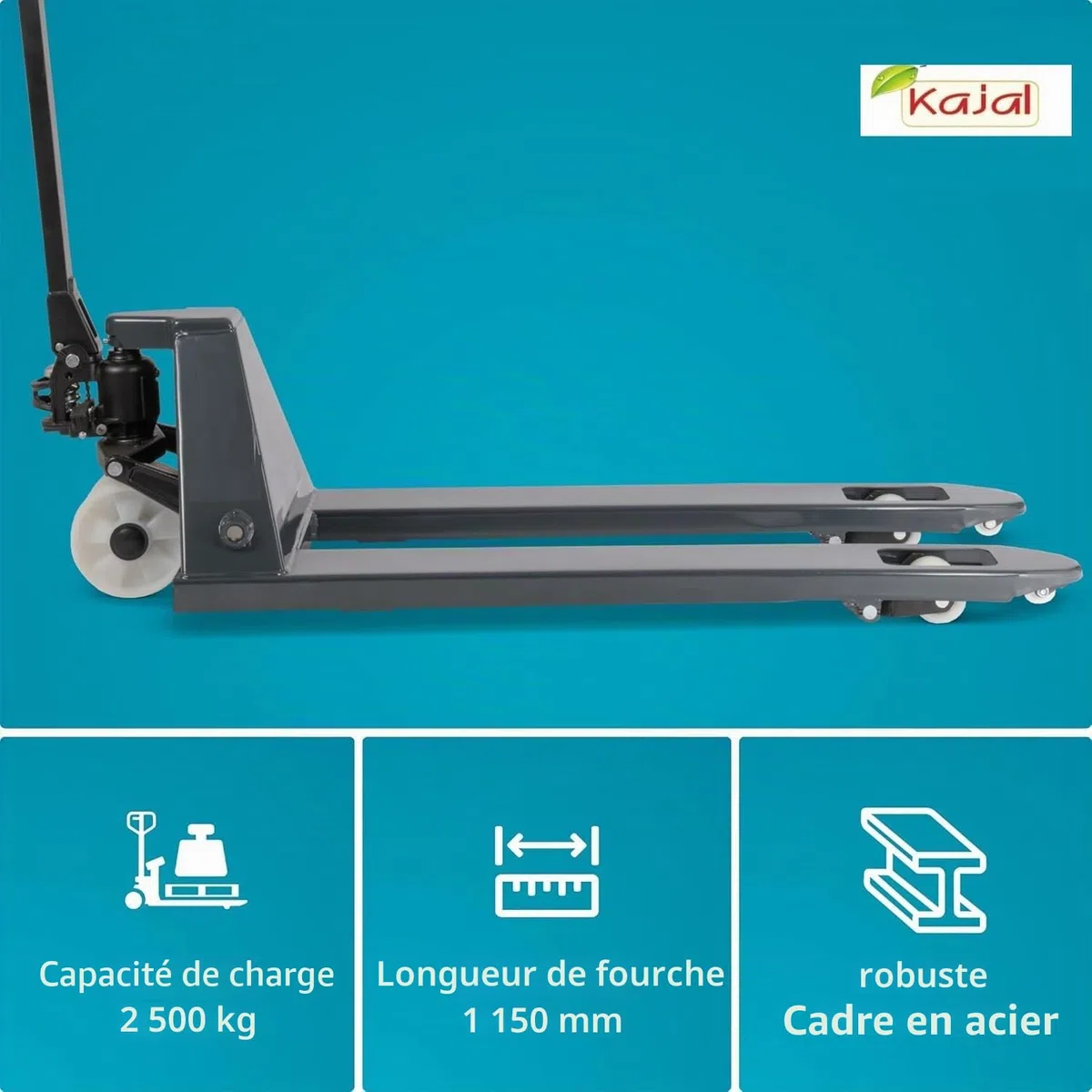 Kajal Système hydraulique 3000 kg - Tranpalettes haute performance, levage manuel avec pédale à levier, pompe renforcée, fourche 1150-1220 mm