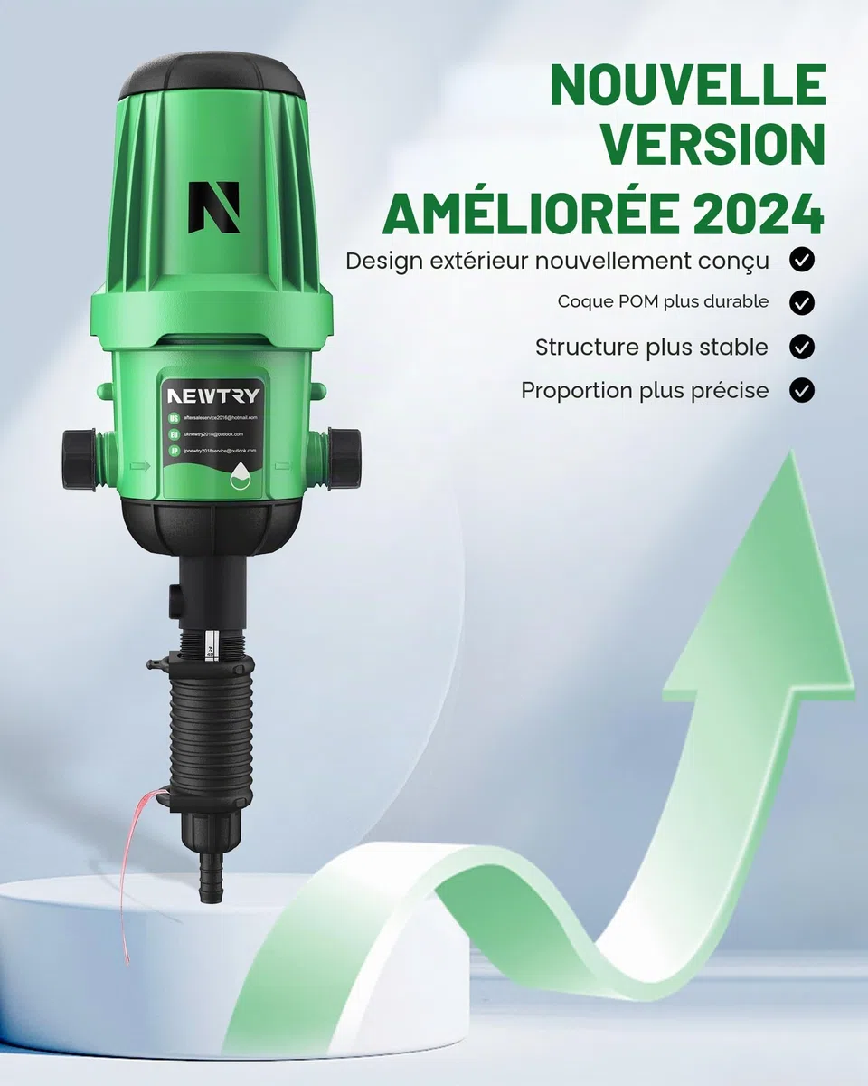 NEWTRY Pompe doseuse Injecteur d'engrais goutte à goutte, réglable de 0,2 à 2%, doseur de liquide raccord standard universel de 3/4" pour jardin, irrigation et système hydroponique, ferme