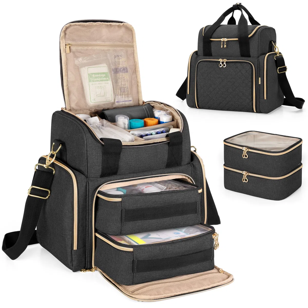 Luxja Grand Sac de Médecine avec 2 Étuis Amovibles, Sac de Rangement de Médicaments avec Plusieurs Sections de Rangement (Adaptées aux Voyages ou à la Maison), Noir
