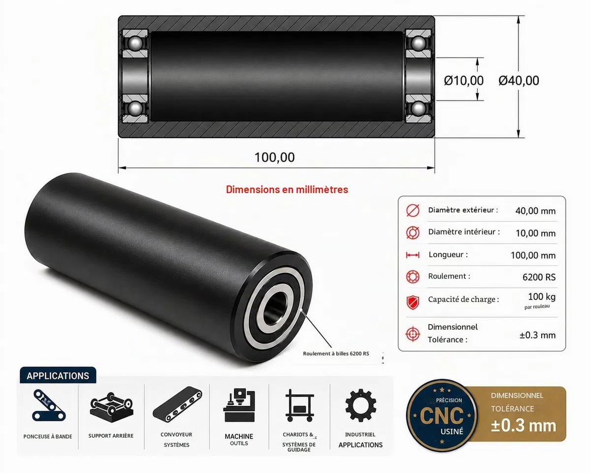 Lot de 4 rouleaux en nylon polyamide, 40 mm de diamètre, 100 mm de largeur, roulements de 10 mm, usiné avec précision dans l'UE (40-100-10, noir)