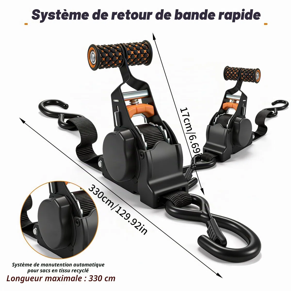 Sangles Auto-enroulantes 2 pièces, Sangles automatiques, 3 m x 25 mm, automatiques avec Crochets en S, résistance à la Rupture de 680 kg, cliquet automatiques pour camions, Motos