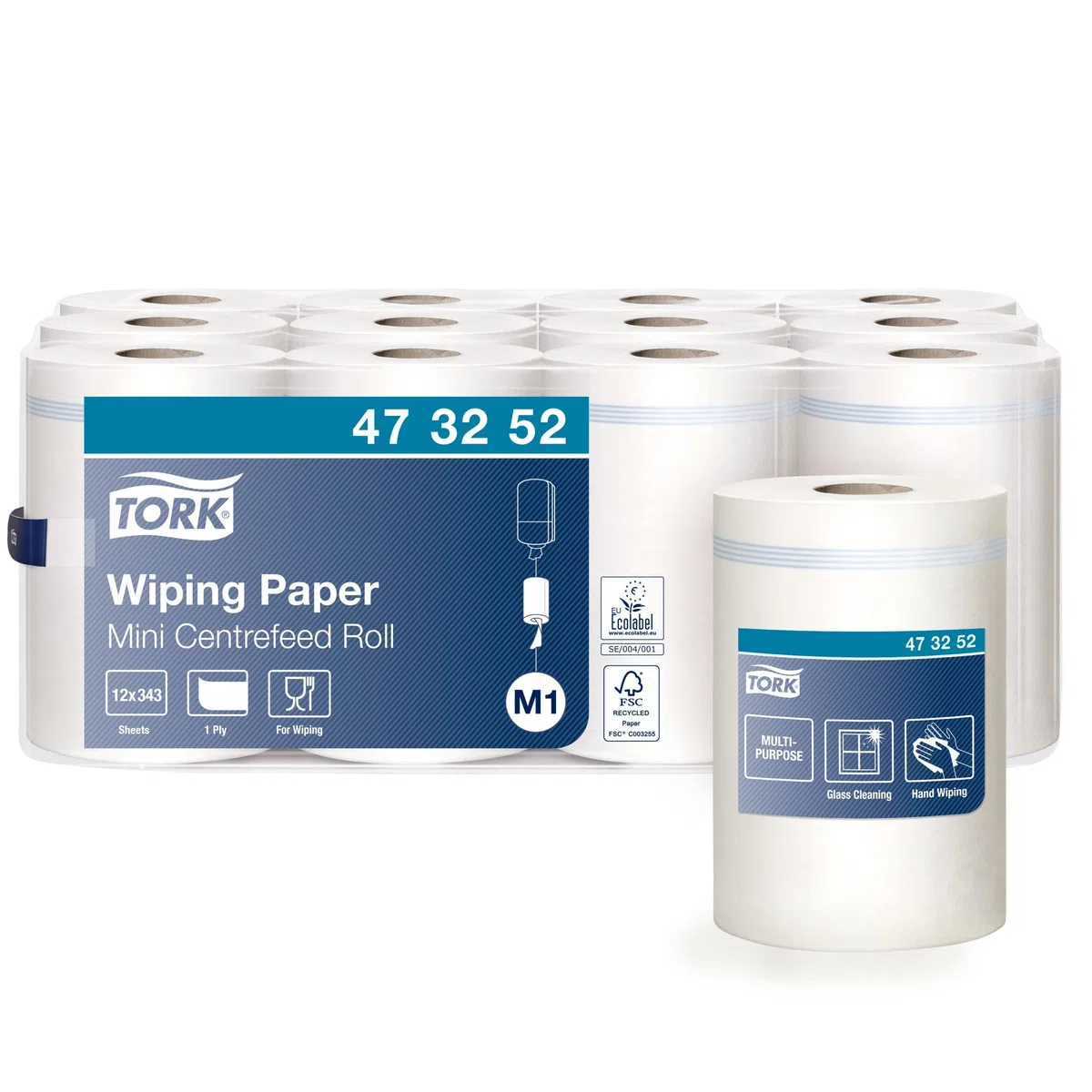Tork Papier d'Essuyage à Dévidage Central blanc M1, Essuyage Mains et Surfaces, 12 x 343 feuilles, 473252